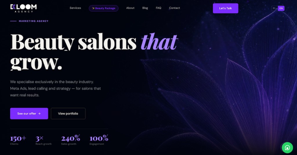 Bloom Agency marketing website homepage with dark theme and purple accents.