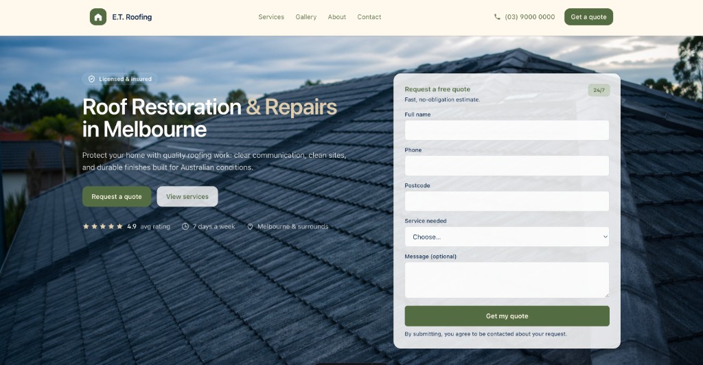 E.T Roofing website homepage with hero section and quote request form.