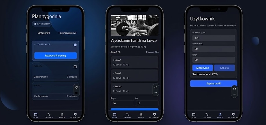 GYM AI mobile app screens for weekly plan, active workout, and user profile.