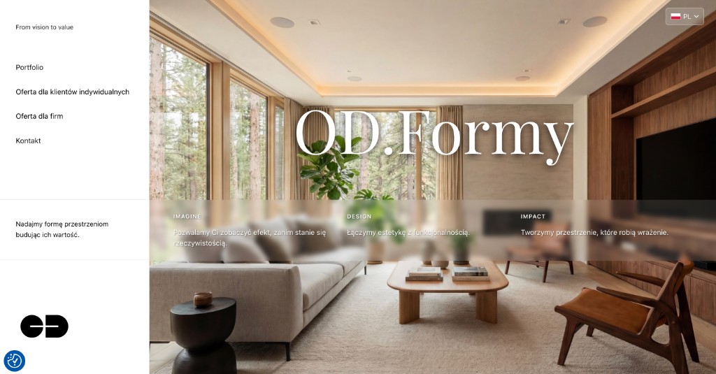 OD.Formy interior design studio website homepage with modern living room hero.